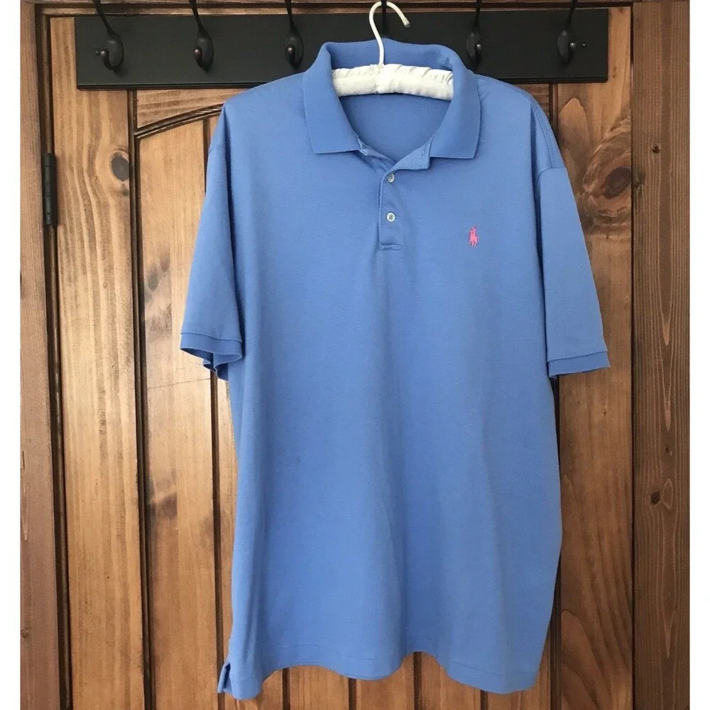 Polo Ralph Lauren Men XL Classic Fit Blue Polo Shirt Short Sleeve Pink Pony Soft